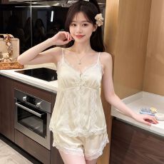 批发实拍<b class='q'>性感</b><b class='q'>睡衣</b>女冰丝吊带短裤套装蕾丝花边高级感轻奢带胸垫家居服