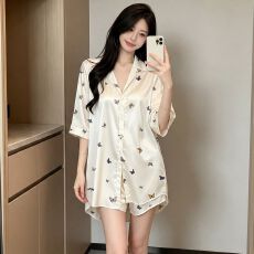 批发实拍性感睡衣女夏冰丝衬衫短<b class='q'>裤</b>套<b class='q'>装</b><b class='q'>中长款</b>带胸垫宽松高级感家居服
