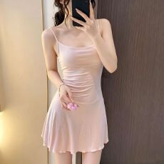 批发网图性感睡衣女夏季修身睡裙双层莫代尔纯色紧身带胸垫纯欲家居服
