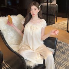 批发<b class='q'>睡衣</b>女夏冰丝短袖长裤套装蕾丝带胸垫宫廷公主高级感轻奢风家居服