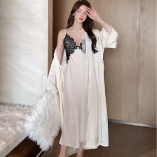 批发春秋性感睡衣女长款吊带睡裙睡袍两件套蕾丝美背轻奢带胸垫家居服