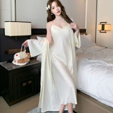 批发春秋性感睡衣女冰丝<b class='q'>吊带</b><b class='q'>睡裙</b>睡袍两件套中长款高级感带胸垫家居服