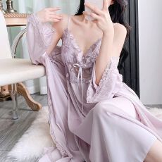 春秋性感睡衣女冰丝吊带睡裙睡袍两件套中长款高级感带胸垫家居服