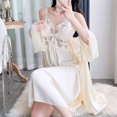 春秋性感睡衣女冰丝吊带睡裙睡袍两件套中长款高级感带胸垫家居服