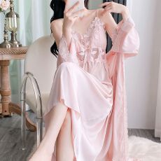 春秋性感睡衣女冰丝吊带睡裙睡袍两件套中长款高级感带胸垫家居服