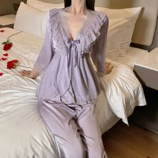 批发春秋冰丝性感<b class='q'>睡衣</b><b class='q'>女</b>七分袖长裤套装蕾丝公主风高级感带胸垫家居服