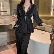 批发春秋冰丝性感<b class='q'>睡衣</b><b class='q'>女</b>七分袖长裤套装蕾丝公主风高级感带胸垫家居服