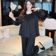 批发春秋款<b class='q'>睡衣</b><b class='q'>女</b>冰丝长袖长裤套装前后蕾丝高级感轻奢风带胸垫家居服