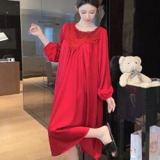 批发<b class='q'>春</b>秋款睡衣女长袖冰丝睡裙长款蕾丝宽松带胸垫高级感轻奢风家居服