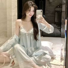 网图性感睡衣女冰丝吊带短裤长袖长裤四件套蕾丝花边带胸垫家居服