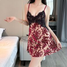 批发性感睡衣女烧花吊带睡裙蕾丝露背短裙带胸垫纯欲风迷人情趣家居服