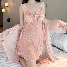 批发<b class='q'>性感</b>睡衣女烧花丝绒吊带<b class='q'>睡裙</b>网纱外袍蕾丝低胸带胸垫纯欲风家居服