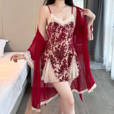 批发<b class='q'>性感</b>睡衣女烧花吊带<b class='q'>睡裙</b>网纱外袍套装蕾丝低胸带胸垫纯欲风家居服