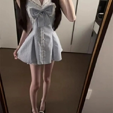 批发法式甜美学院风蓝<b class='q'>白</b>格子短裙子女夏季新款气质收腰衬衫连衣裙套装