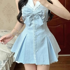 批发法式甜美蓝<b class='q'>白</b>格子短裙女2026夏季新款温柔气质收腰衬衫连衣裙套装