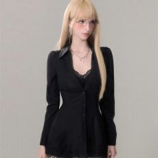 批发黑色V领<b class='q'>蕾丝</b>拼接长袖<b class='q'>西装</b>连衣裙子女春秋2025新款赫本风包臀短裙