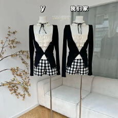 批发黑色针织衫V领开衫女蕾丝边吊带背心<b class='q'>春</b>秋高腰辣妹格子短裤三件套