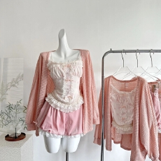 批发修身显瘦设计感纯欲风甜美<b class='q'>碎花</b>吊带上衣开衫+花苞短<b class='q'>裤</b>套装女春秋