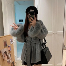 批发v领绑带毛呢外套<b class='q'>女</b>春秋季新款<b class='q'>长袖</b>宽松高级感大衣拼接中长款上衣