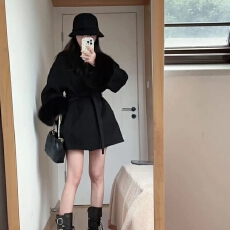 v领绑带毛呢外套女2025春秋季长袖宽松高级感大衣拼接中长款上衣