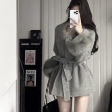 批发v领绑带毛呢外套<b class='q'>女</b>2025秋冬季<b class='q'>长袖</b>宽松高级感大衣拼接中长款上衣