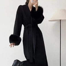批发气质名媛千金毛毛袖收腰系带呢子大衣<b class='q'>女</b>秋冬高级感超好看毛呢外套