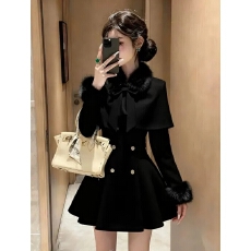 批发财阀千金小香风名媛淑女斗篷披风毛呢外套<b class='q'>修身</b>小个子大摆<b class='q'>连衣裙</b>女