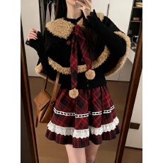 批发圣诞氛围感甜美气质学院风<b class='q'>复古</b>修身长袖假两件连衣裙斗篷套装秋冬