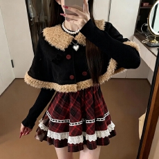 批发收腰<b class='q'>显瘦</b>学院风甜美圣诞假两件格纹连衣裙+披肩斗篷套装女秋冬季