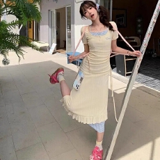 批发韩系甜妹学院风<b class='q'>假两件</b><b class='q'>连衣裙</b>女2026夏季新款抽绳收腰纯欲挂脖长裙