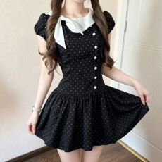 批发日系古早千金风波点<b class='q'>连衣裙</b>女夏季蝴蝶结泡泡袖别致日常花苞短裙子
