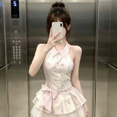 批发甜美学院风无袖碎花<b class='q'>连衣裙</b>女夏季粉色蝴蝶结收腰显瘦公主蓬蓬裙子