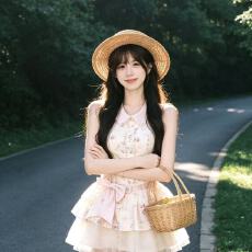 批发甜美学院风无袖碎花<b class='q'>连衣裙</b>女夏季粉色蝴蝶结收腰显瘦公主蓬蓬裙子