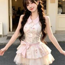 批发甜美学院风无袖碎花<b class='q'>连衣裙</b>女夏季粉色蝴蝶结收腰显瘦公主蓬蓬裙子