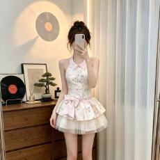 批发甜美温柔风无袖碎花<b class='q'>连衣裙</b>女夏季收腰显瘦粉色蝴蝶结公主蓬蓬裙子