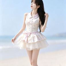批发甜美学院风无袖碎花<b class='q'>连衣裙</b>女夏季粉色蝴蝶结收腰显瘦公主蓬蓬裙
