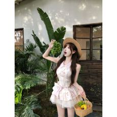 批发甜美学院风无袖碎花<b class='q'>连衣裙</b>女夏季粉色蝴蝶结收腰显瘦甜妹公主裙