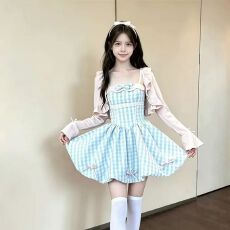 批发甜美蓝白格纹蝴蝶结<b class='q'>吊带</b>花苞连衣裙+粉色防晒衫披肩两件套装春秋