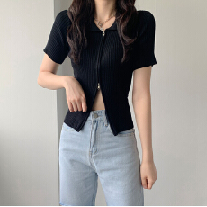批发胖mm冰丝短袖针织衫性感修身polo领毛衣<b class='q'>夏</b>季双拉链显瘦打底上衣女