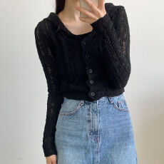 批发海军领薄款冰丝针织开衫港风修身镂空纯欲<b class='q'>长袖</b>毛衣防晒修身上衣