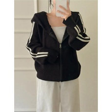 批发连帽长袖毛衣<b class='q'>大码</b>外套厚款棒球服运动开衫卫衣慵懒风条纹外套拉链