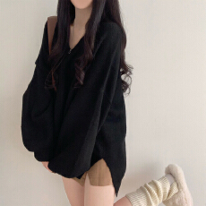 批发韩版毛衣中长款厚款毛衣慵懒风宽松v领针织衫开叉灯笼袖胖mm毛衣