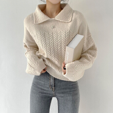 批发加厚翻领韩版毛衣慵懒风宽松立体娃娃领套头长袖针织衫胖mm毛衣