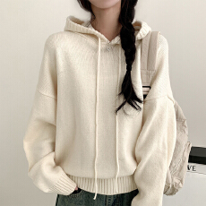 批发<b class='q'>胖</b><b class='q'>mm</b>韩版毛衣慵懒风纯色厚款灯笼袖长袖针织衫日系连帽卫衣休闲衣