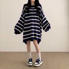 批发胖MM<b class='q'>大码</b>秋冬韩版慵懒风宽松条纹长袖毛衣连衣裙针织毛衣长裙女士