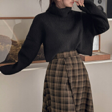 批发高领毛衣胖mm加厚韩版chic慵懒风针织毛衣纯色长袖针织衫宽松短款