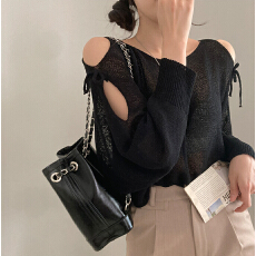 批发韩版ins宽松毛衣系带镂空露肩针织衫蝴蝶结性感长袖薄款防晒罩衫