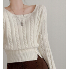 批发大码韩版毛衣麻花方领针织衫休闲秋冬纯色毛衣单排纽扣开叉上衣