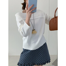 批发大码韩版女装一字肩套头长袖针织衫显瘦毛衣设计感镂空翻领针织衫