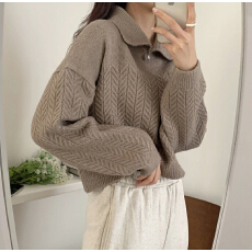 批发加厚翻领韩版毛衣慵懒风宽松立体娃娃领套头polo领长袖针织衫毛衣